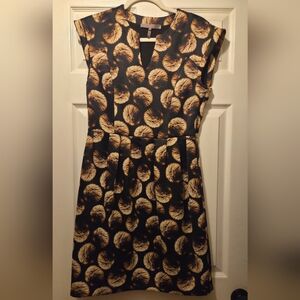 Halston Heritage Black and Gold Leaf Print Midi Dress Lined Mid Short Sleeve S 8